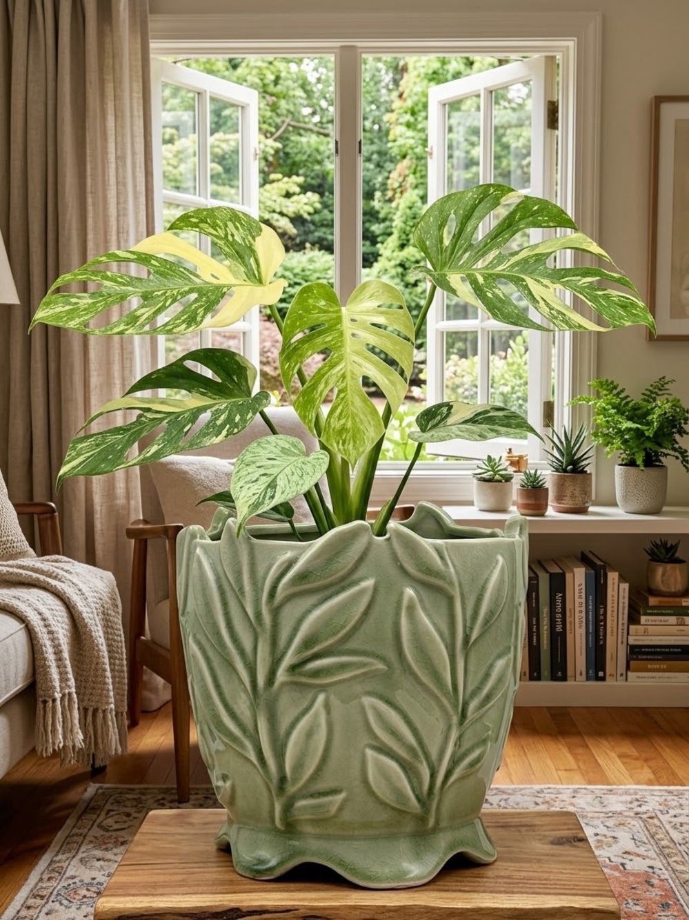 Green Leaf Ceramic Planter with Drainage Hole - 7.5 Inch Embossed Flower Pot